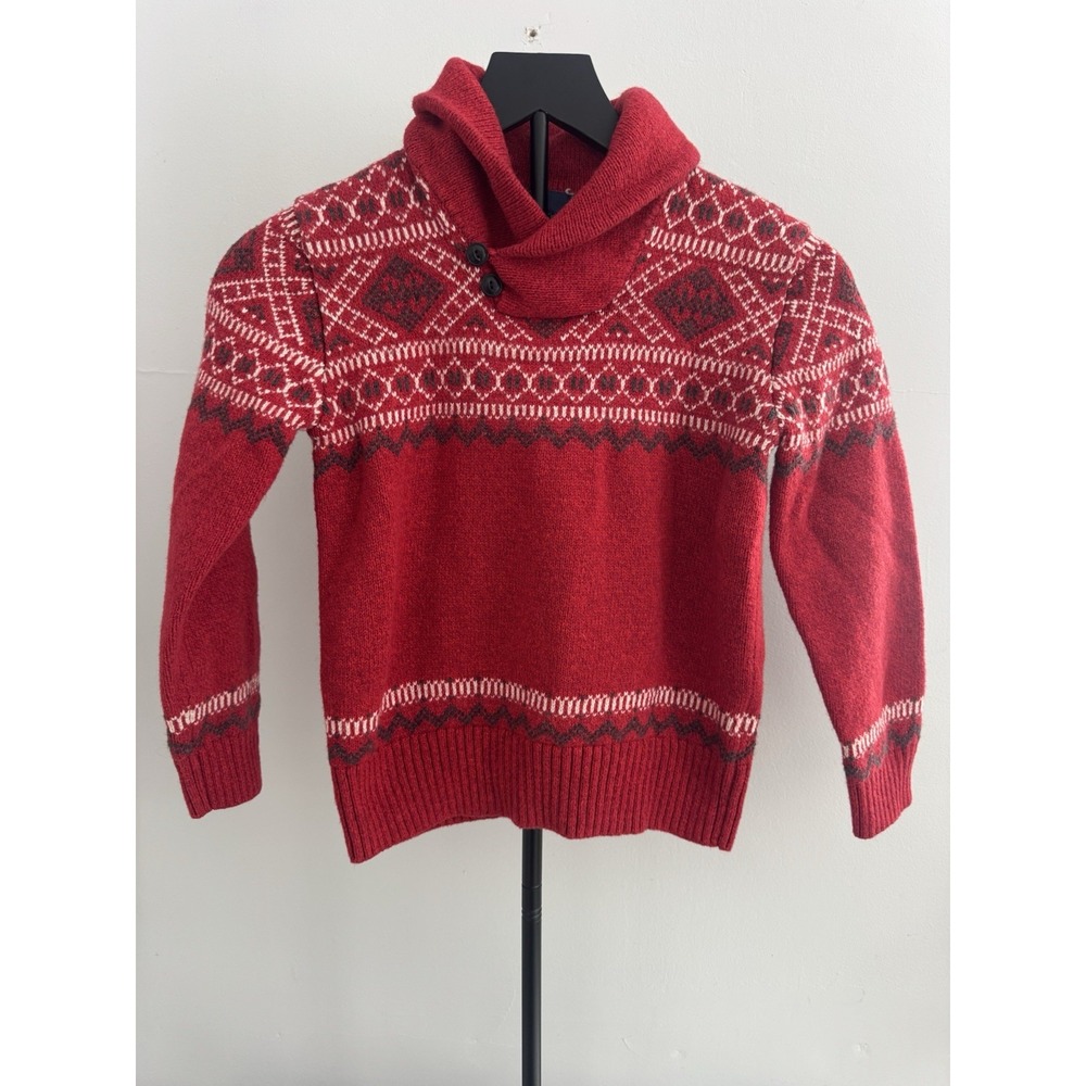 GAP Kids‎ Boys Christmas Holiday Sweater Size 8-10 Red Fair Isle Shawl Collar